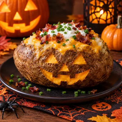 Baked potato carved like a jack-o-lantern